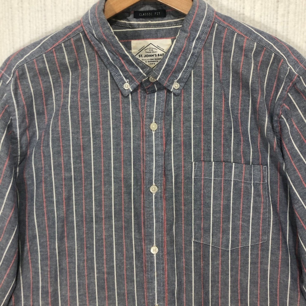 St‎ Johns Bay Mens Classic Fit Striped Button Down Shirt Blue Red White Large